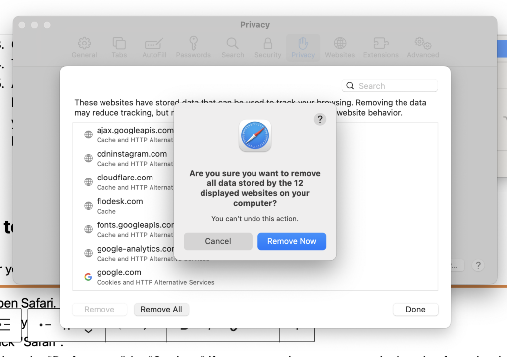 A graphic that says how to clear history and cache in Safari